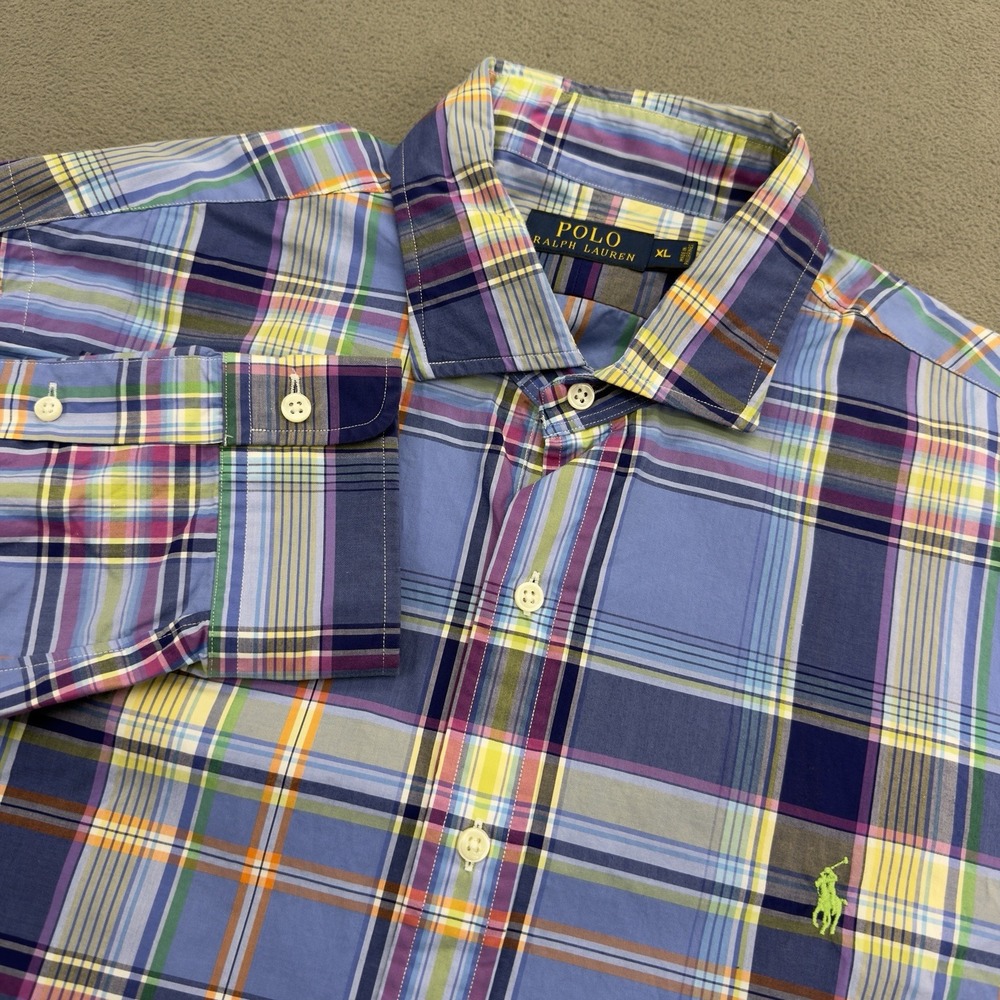 Polo Ralph Lauren Button Up Shirt Mens XL Blue Purple Plaid Long Sleeve Spread